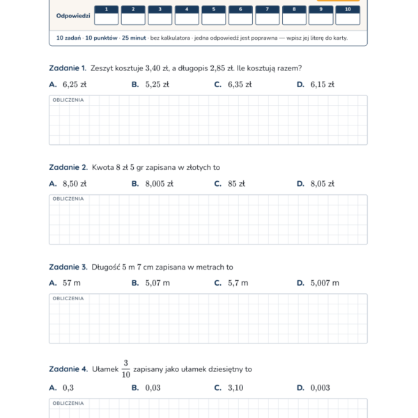 Ułamki dziesiętne — test, klasa 4