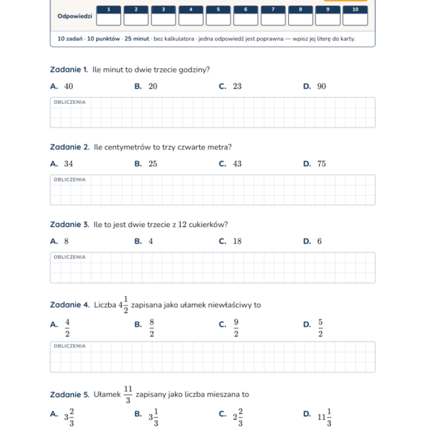Ułamki zwykłe — test, klasa 4