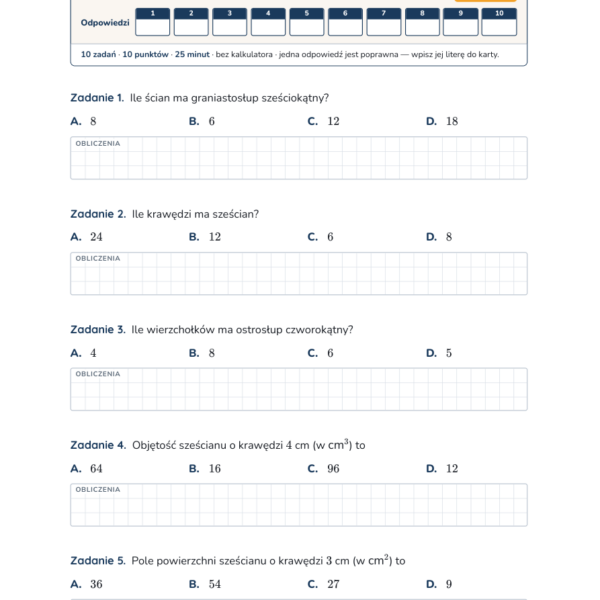 Figury przestrzenne — test, klasa 6