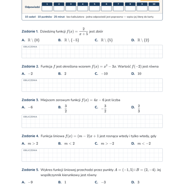 Funkcje i funkcja liniowa — test, liceum, klasa 1