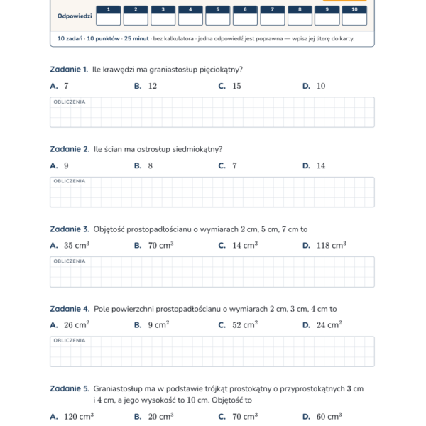 Graniastosłupy i ostrosłupy — test, klasa 8