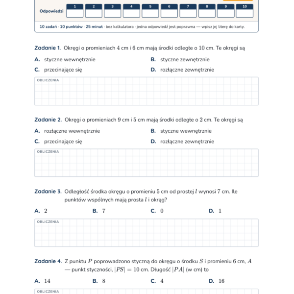 Koła i okręgi — test, klasa 8