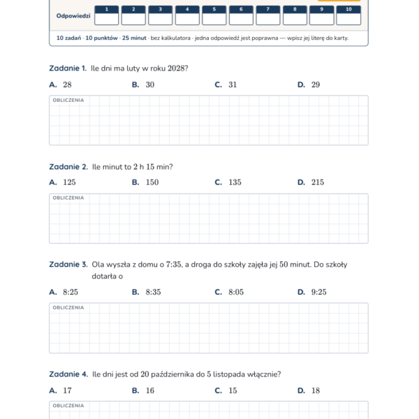 Liczby na co dzień — test, klasa 6