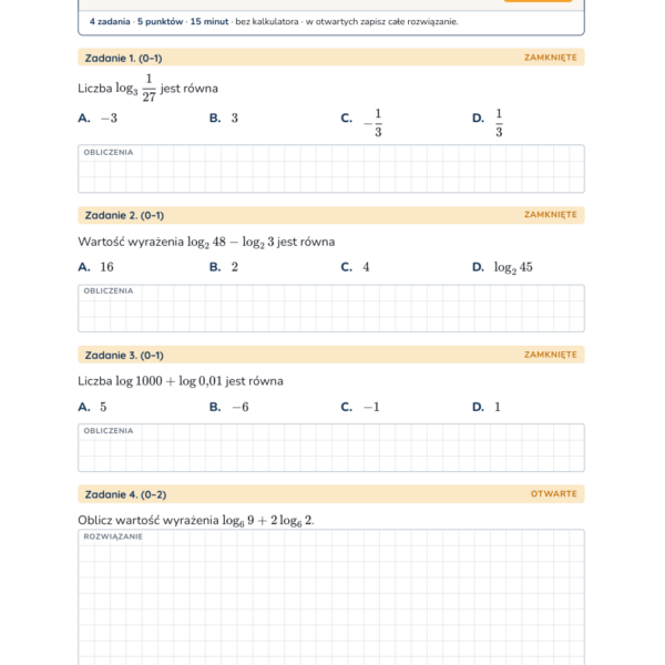 Logarytmy — kartkówka, liceum, klasa 1