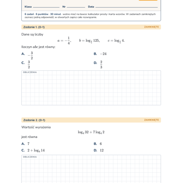 Logarytmy — sprawdzian, liceum, klasa 1