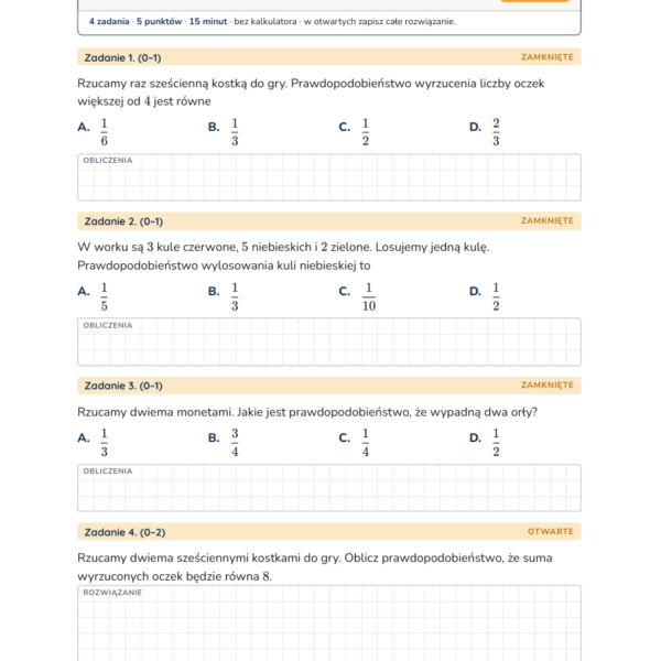 Obliczanie prawdopodobieństw — kartkówka, klasa 8