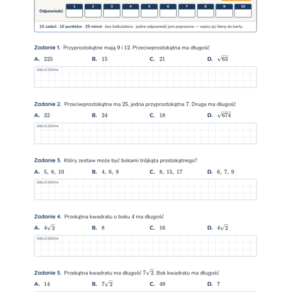 Pitagoras i trójkąty szczególne — test, klasa 8