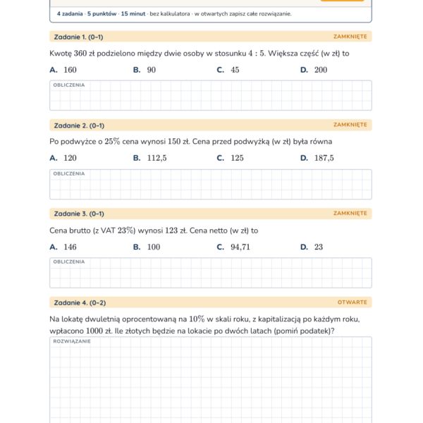 Podział proporcjonalny i procenty — kartkówka, klasa 8