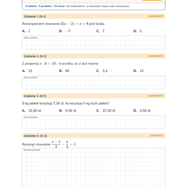 Równania i proporcje — kartkówka, klasa 8