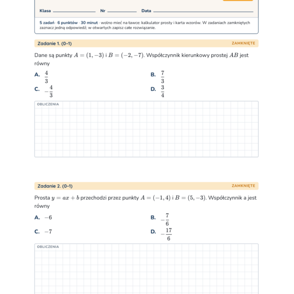 Równanie prostej — sprawdzian, liceum, klasa 1