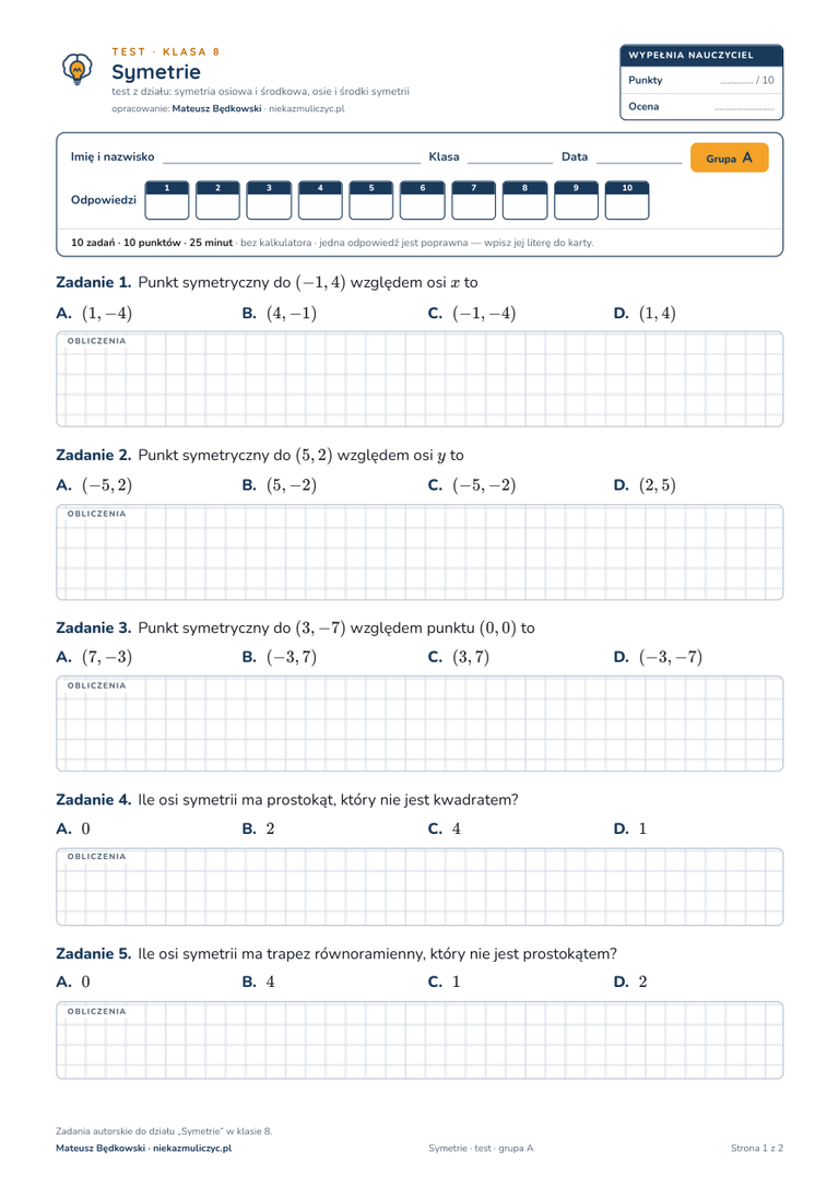 Symetrie — test, klasa 8 — pierwsza strona arkusza grupy A