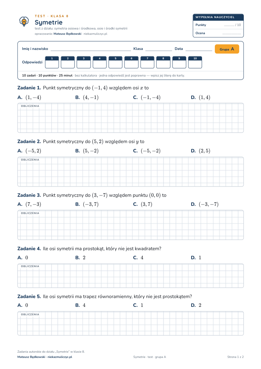 Symetrie — test, klasa 8 — pierwsza strona arkusza grupy A