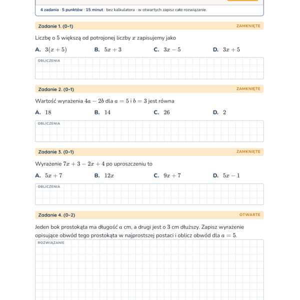 Wyrażenia algebraiczne — kartkówka, klasa 6