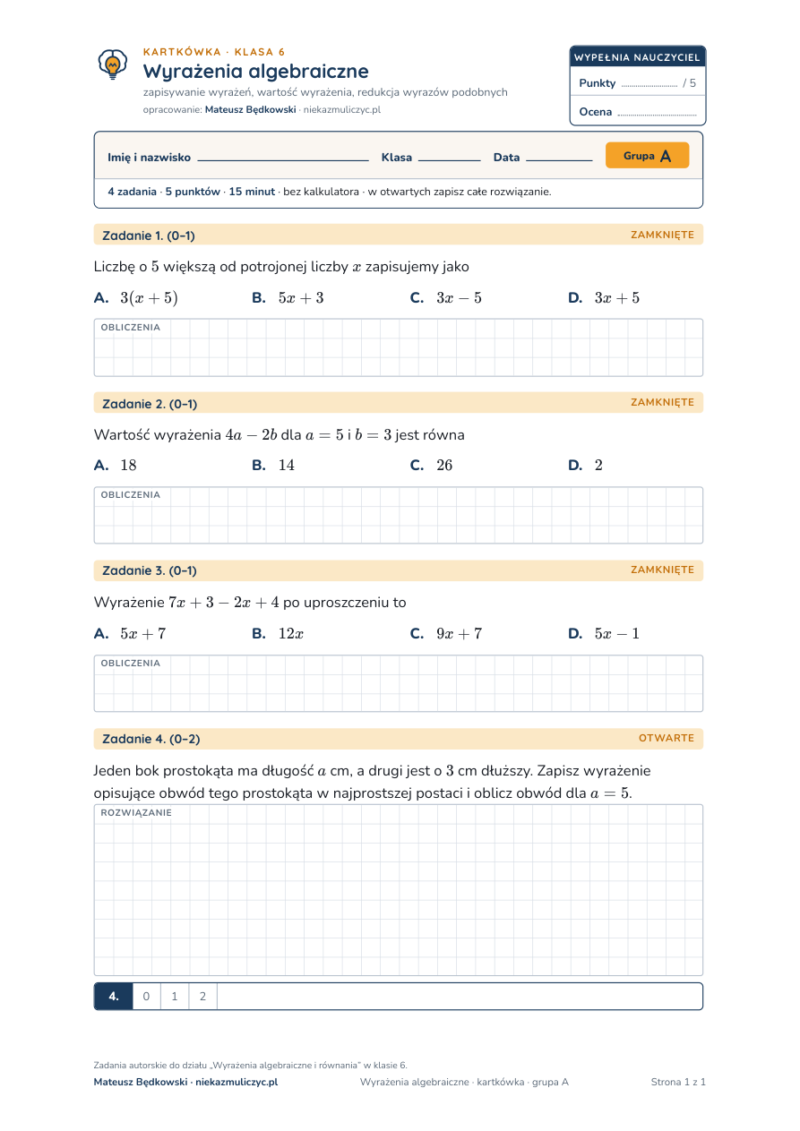 Wyrażenia algebraiczne — kartkówka, klasa 6 — pierwsza strona arkusza grupy A