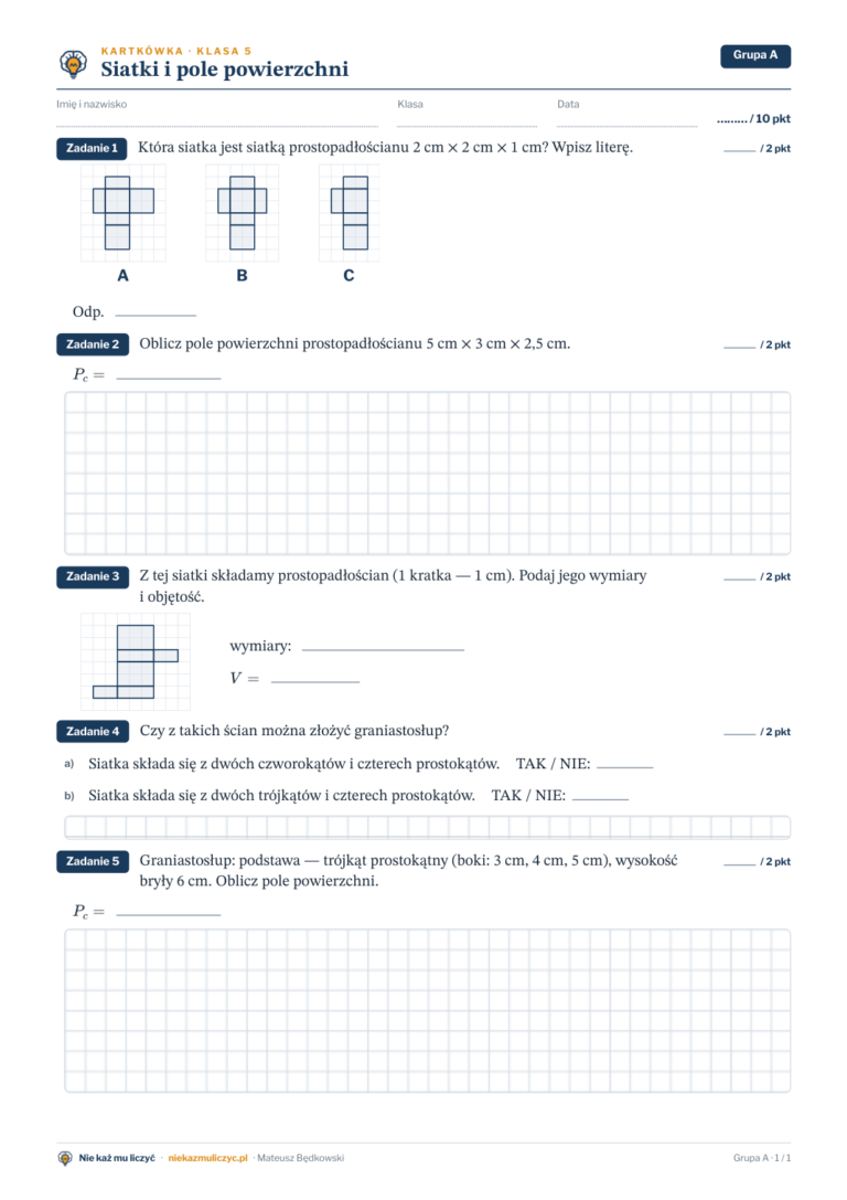 Siatki i pole powierzchni — kartkówka, klasa 5 — pierwsza strona arkusza grupy A