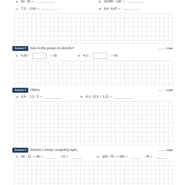 Rachunki pamięciowe — kartkówka, klasa 6