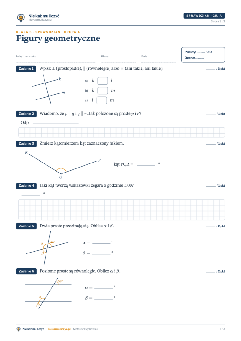Figury geometryczne — sprawdzian, klasa 5 — pierwsza strona arkusza grupy A