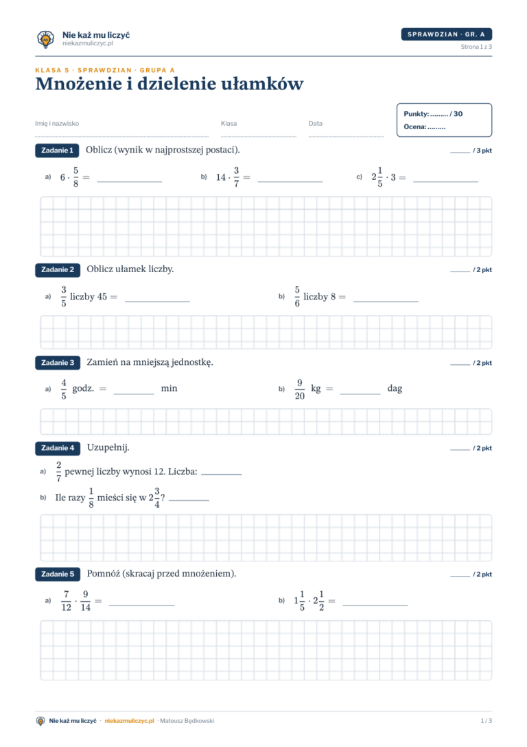 Mnożenie i dzielenie ułamków — sprawdzian, klasa 5 — pierwsza strona arkusza grupy A