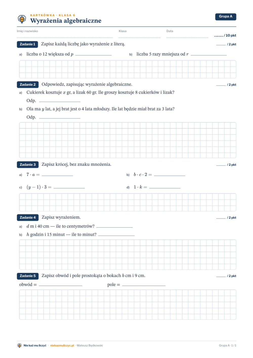 Wyrażenia algebraiczne (wariant 2) — kartkówka, klasa 6 — pierwsza strona arkusza grupy A