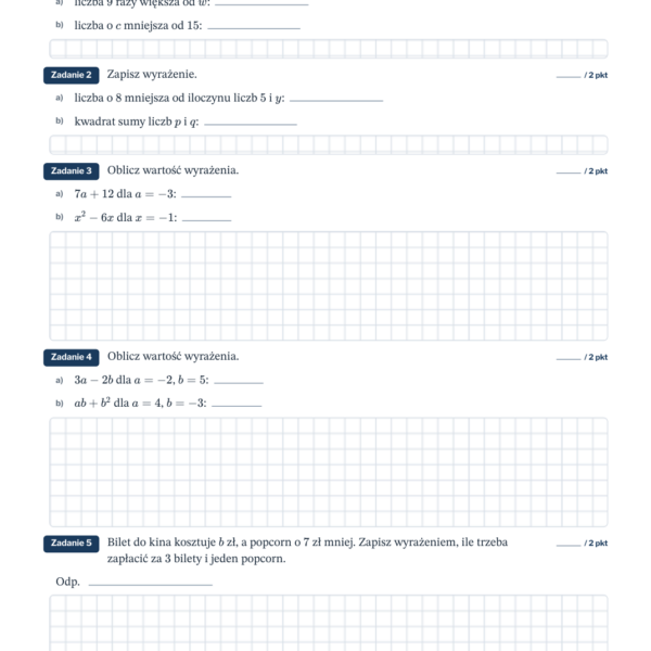 Wyrażenia algebraiczne — kartkówka, klasa 7