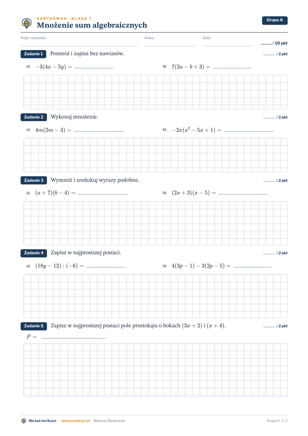Mnożenie sum algebraicznych — kartkówka, klasa 7 — pierwsza strona arkusza grupy A
