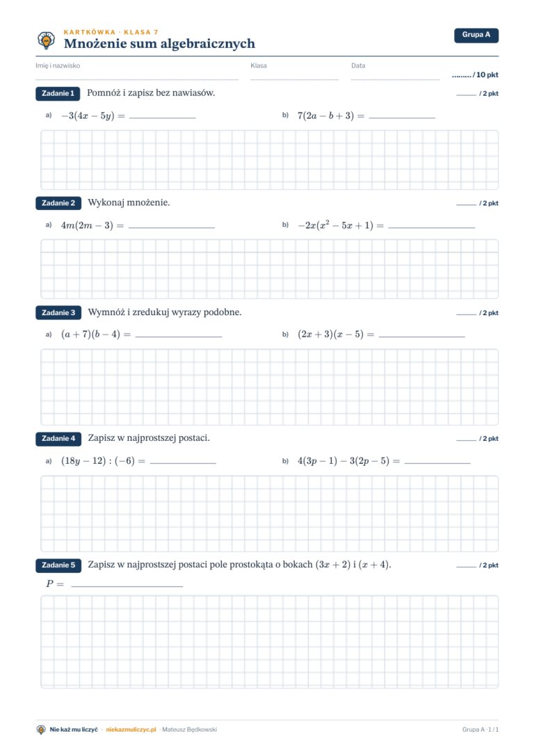 Mnożenie sum algebraicznych — kartkówka, klasa 7 — pierwsza strona arkusza grupy A