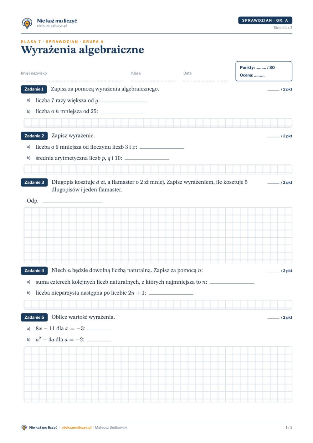 Wyrażenia algebraiczne — sprawdzian, klasa 7 — pierwsza strona arkusza grupy A