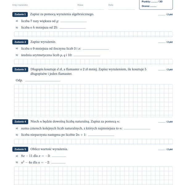 Wyrażenia algebraiczne — sprawdzian, klasa 7