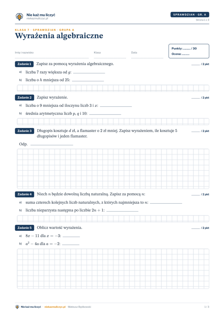 Wyrażenia algebraiczne — sprawdzian, klasa 7 — pierwsza strona arkusza grupy A