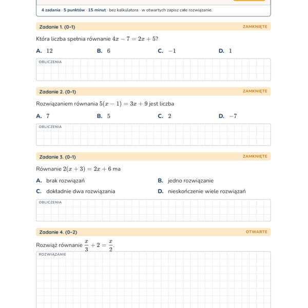 Rozwiązywanie równań — kartkówka, klasa 7