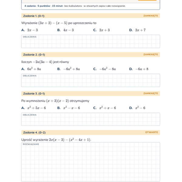 Działania na sumach algebraicznych — kartkówka, klasa 7