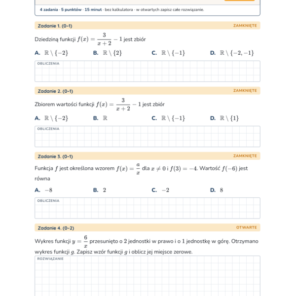 Funkcja f(x) = a/x i jej przesunięcia — kartkówka, liceum klasa 2