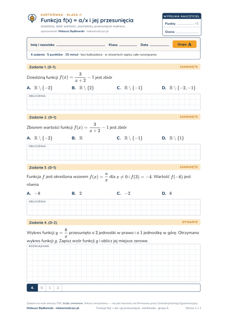 Funkcja f(x) = a/x i jej przesunięcia — kartkówka, liceum klasa 2 — pierwsza strona arkusza grupy A
