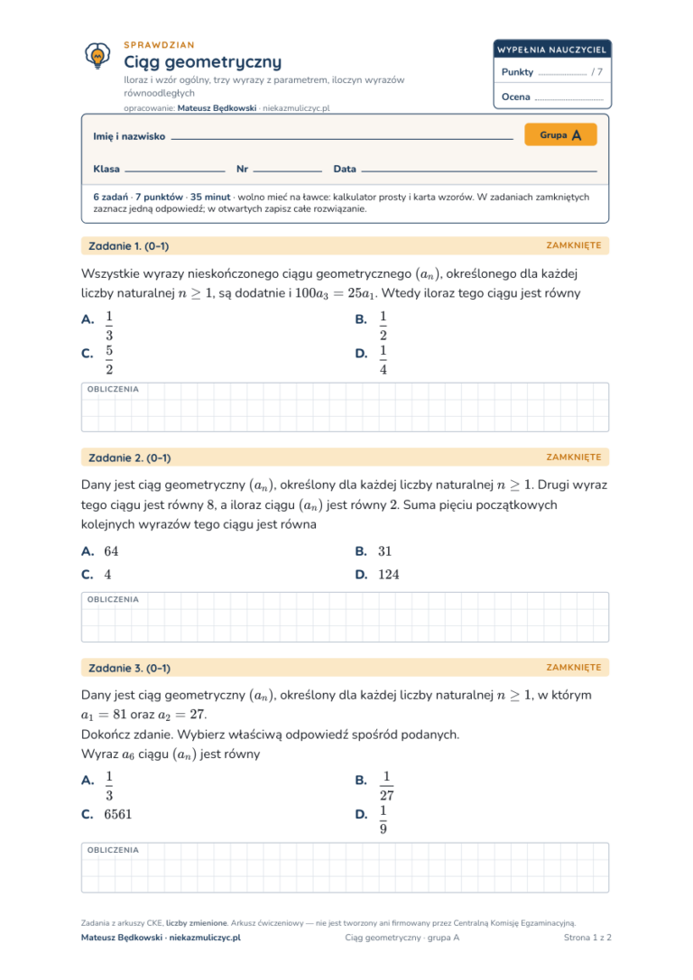 Ciąg geometryczny — sprawdzian, liceum klasa 3 — pierwsza strona arkusza grupy A