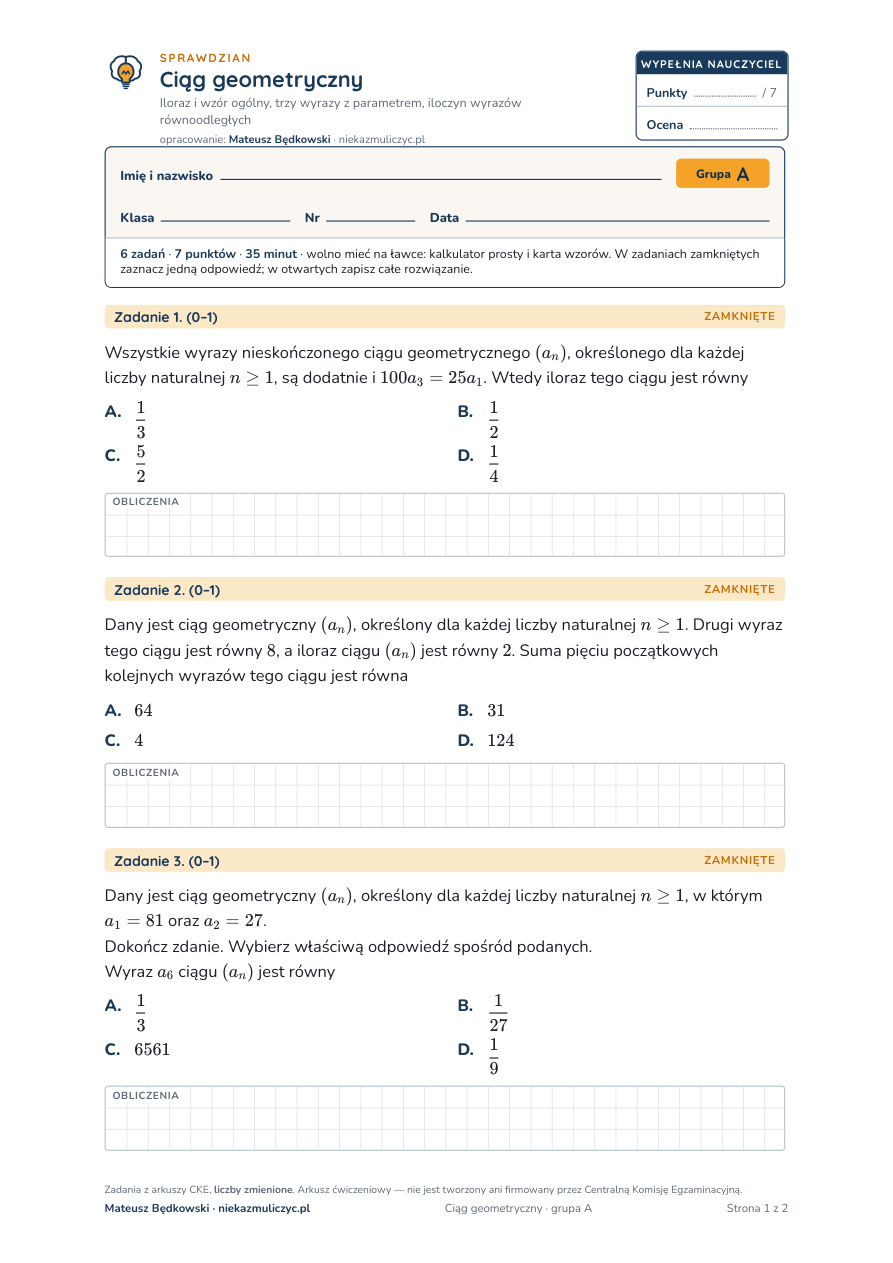 Ciąg geometryczny — sprawdzian, liceum klasa 3 — pierwsza strona arkusza grupy A