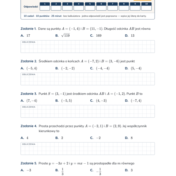 Geometria analityczna — test, liceum klasa 3