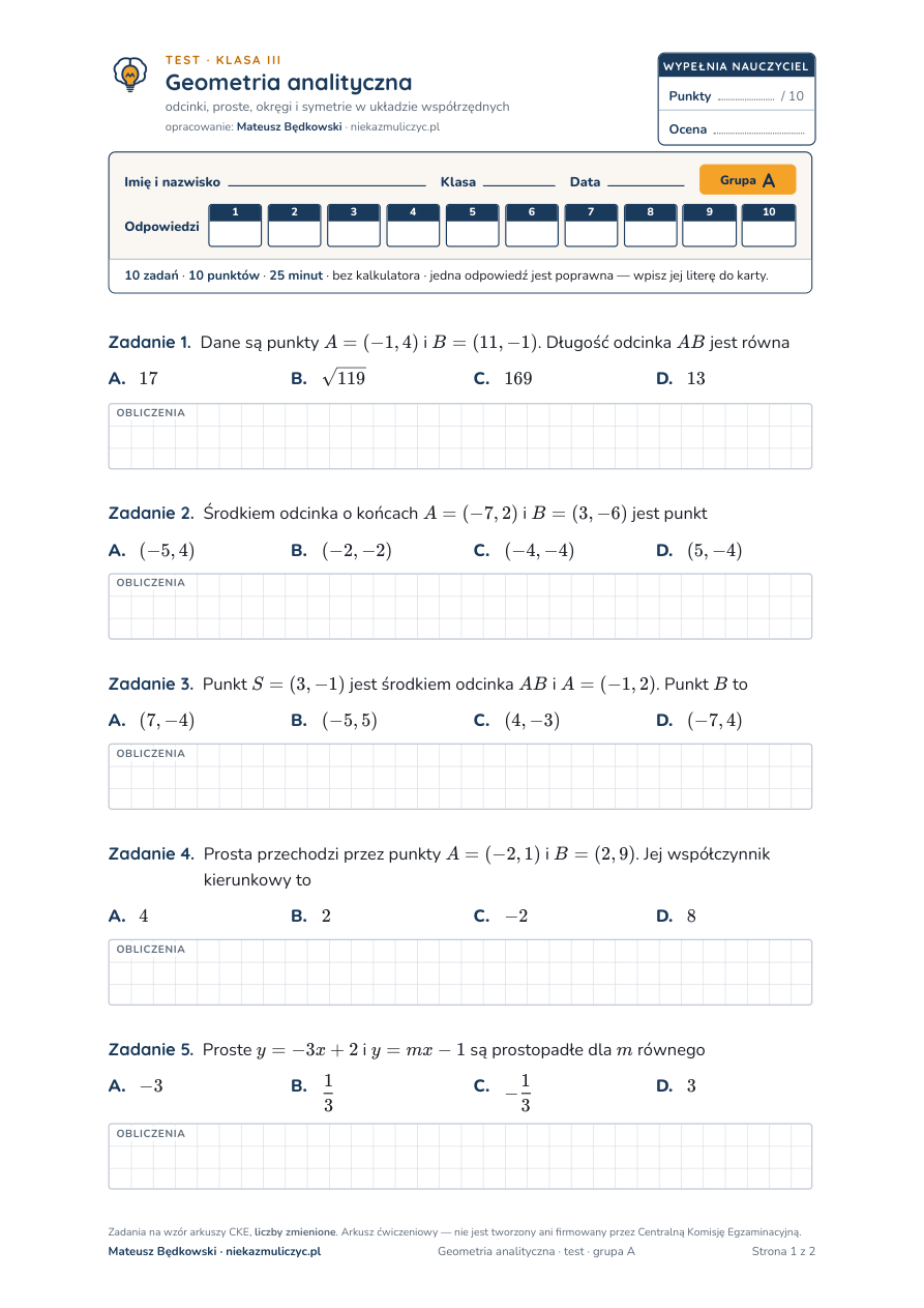 Geometria analityczna — test, liceum klasa 3 — pierwsza strona arkusza grupy A