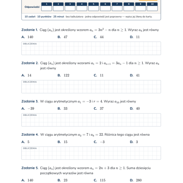 Ciągi — test, liceum klasa 3