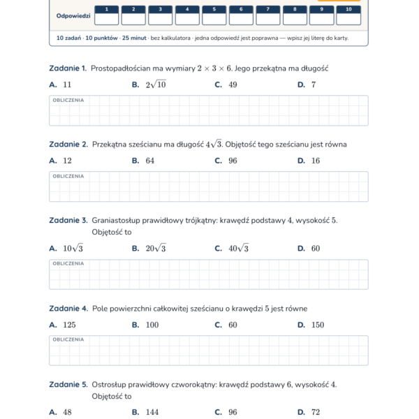 Stereometria — test, liceum klasa 3