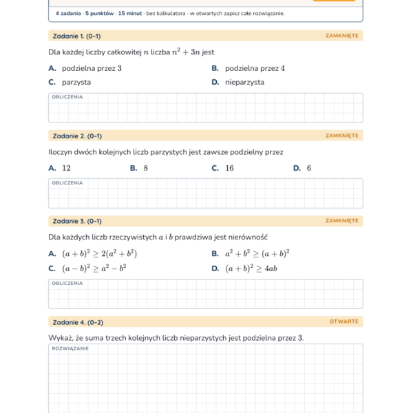 Dowody w algebrze — kartkówka, liceum klasa 4