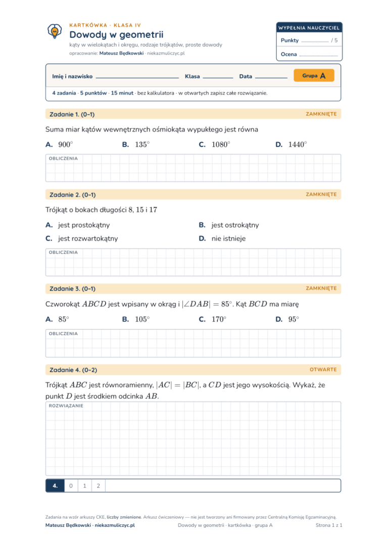 Dowody w geometrii — kartkówka, liceum klasa 4 — pierwsza strona arkusza grupy A