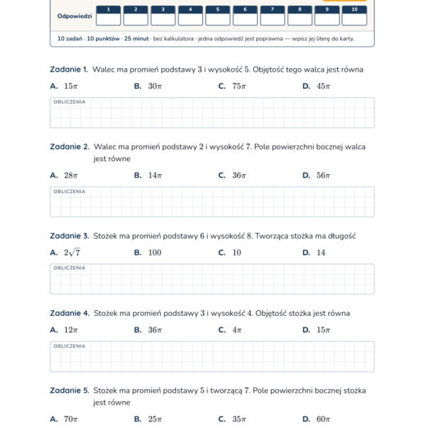 Bryły obrotowe — test, liceum klasa 4