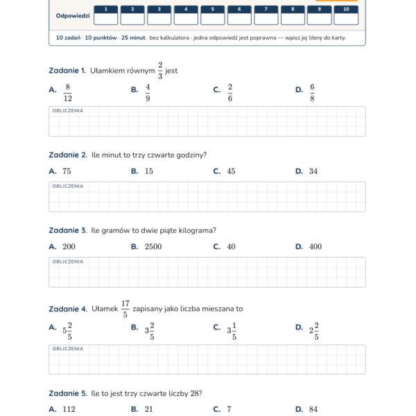 Ułamki zwykłe — test, klasa 5