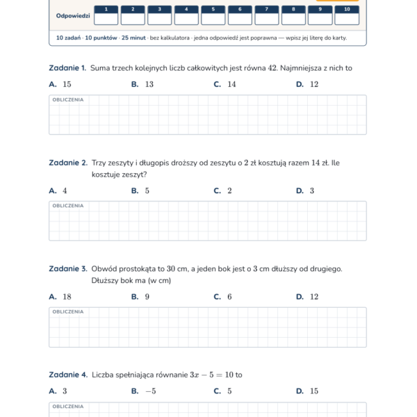 Równania — test, klasa 7