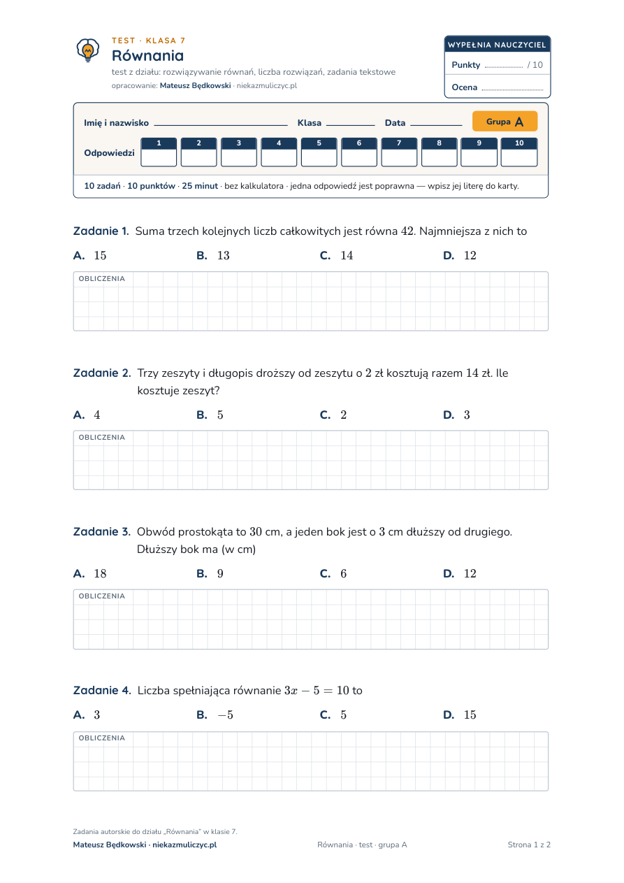 Równania — test, klasa 7 — pierwsza strona arkusza grupy A