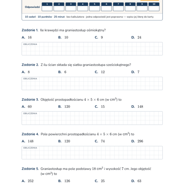 Graniastosłupy — pole i objętość — test, klasa 7