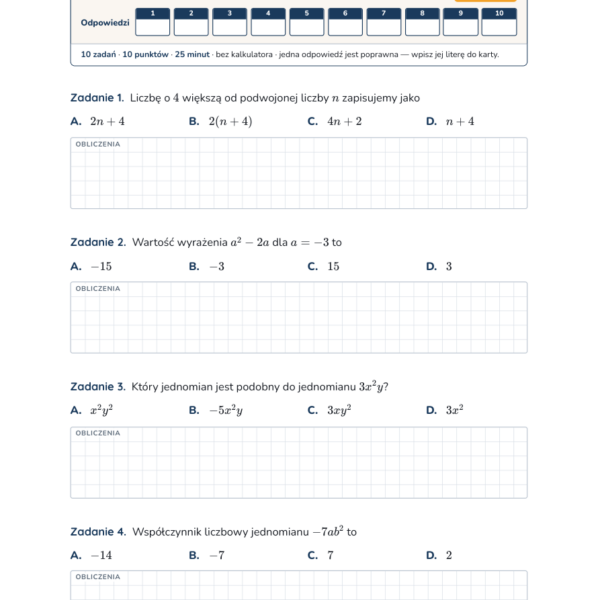 Wyrażenia algebraiczne — test, klasa 7