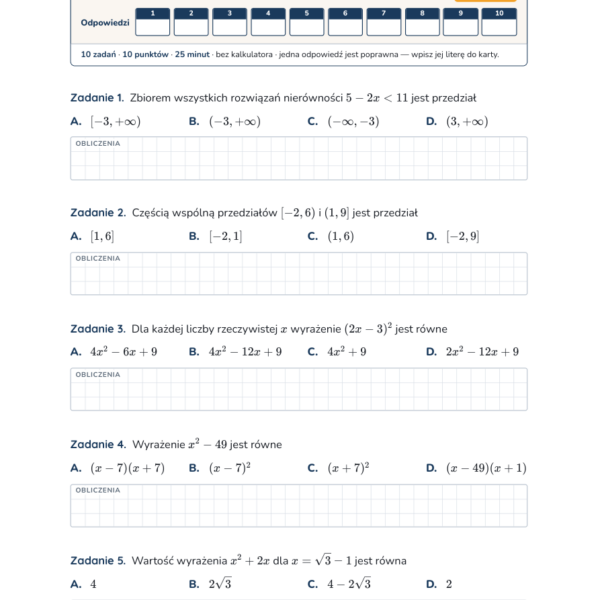 Wyrażenia, równania i nierówności — test, liceum klasa 1