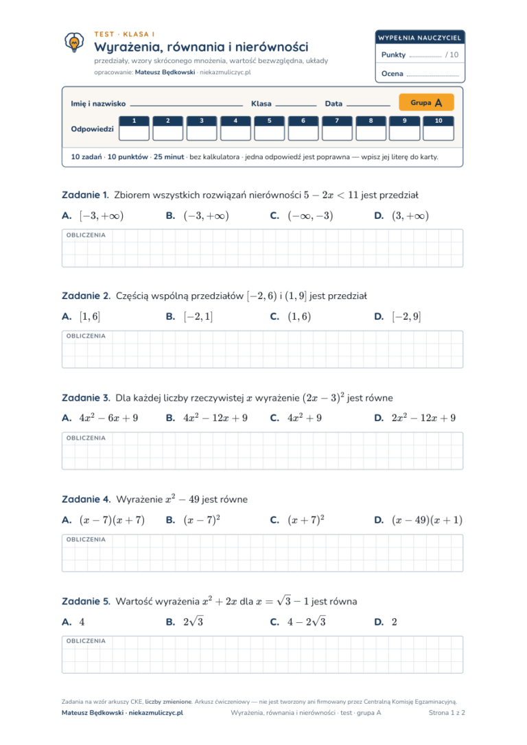 Wyrażenia, równania i nierówności — test, liceum klasa 1 — pierwsza strona arkusza grupy A