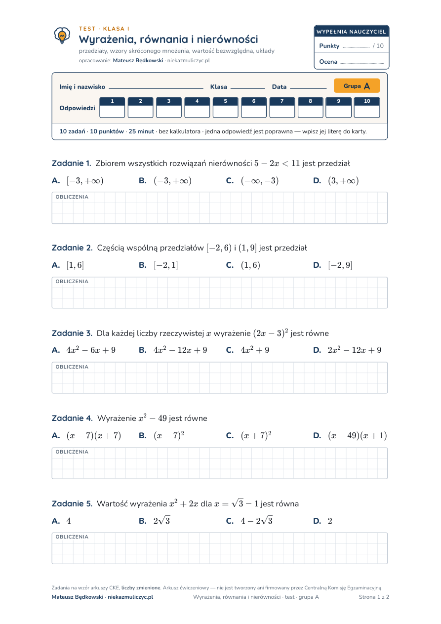 Wyrażenia, równania i nierówności — test, liceum klasa 1 — pierwsza strona arkusza grupy A